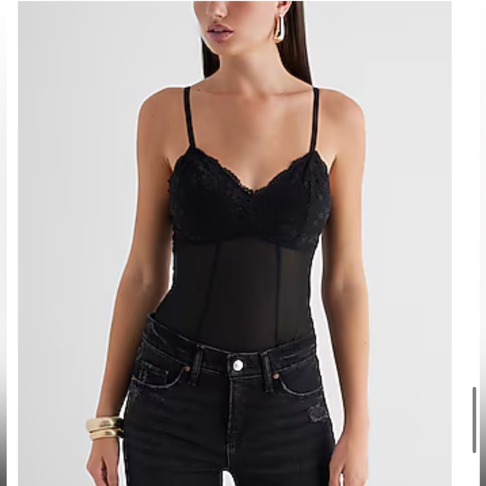Express NWT Fitted Lace Mesh V-Neck Bustier Bodysuit
